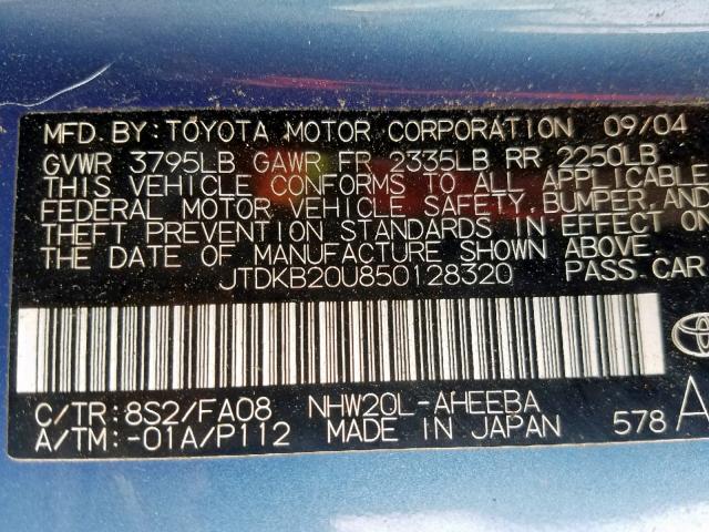 JTDKB20U850128320 - 2005 TOYOTA PRIUS BLUE photo 10