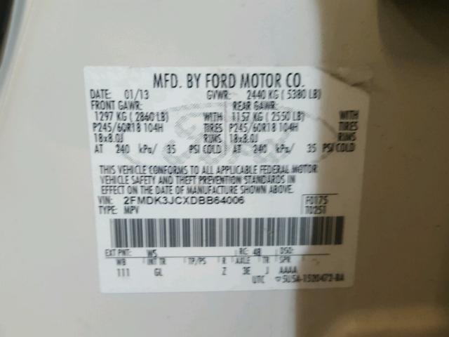 2FMDK3JCXDBB64006 - 2013 FORD EDGE SEL WHITE photo 10