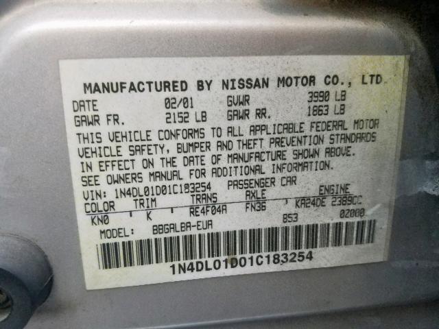 1N4DL01D01C183254 - 2001 NISSAN ALTIMA XE SILVER photo 10