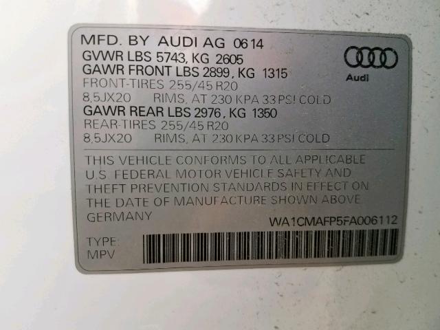 WA1CMAFP5FA006112 - 2015 AUDI Q5 TDI PRE WHITE photo 10