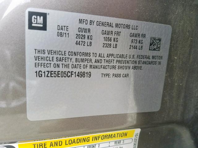 1G1ZE5E05CF149819 - 2012 CHEVROLET MALIBU LTZ ნაცრისფერი ფოტო 10