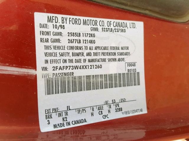 2FAFP73W4XX121260 - 1999 FORD CROWN VICT RED photo 10