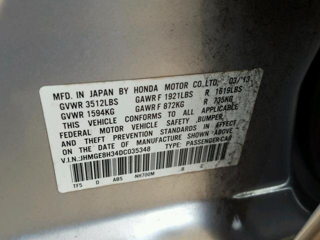 JHMGE8H34DC035348 - 2013 HONDA FIT SILVER photo 10