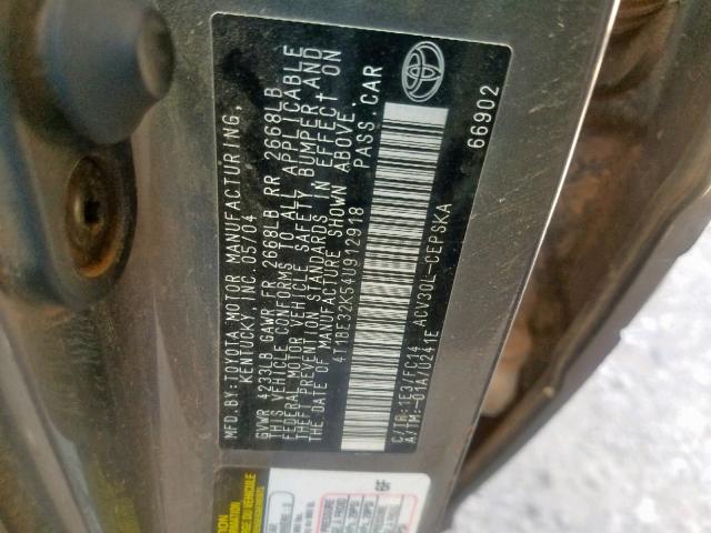 4T1BE32K54U912918 - 2004 TOYOTA CAMRY LE CHARCOAL photo 10