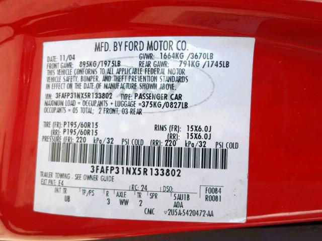 3FAFP31NX5R133802 - 2005 FORD FOCUS ZX3 RED photo 10