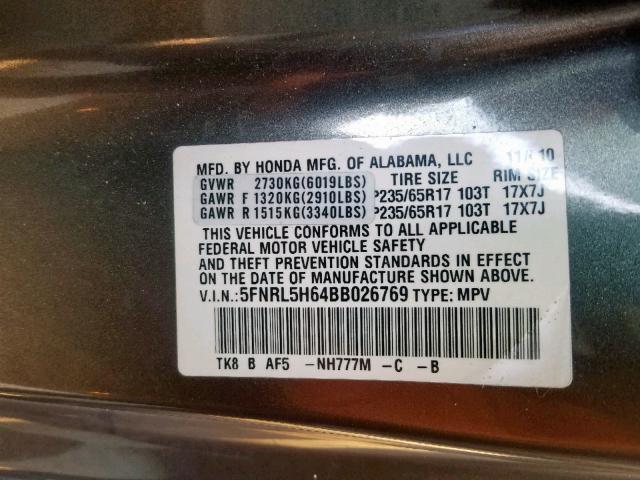 5FNRL5H64BB026769 - 2011 HONDA ODYSSEY EX GRAY photo 10