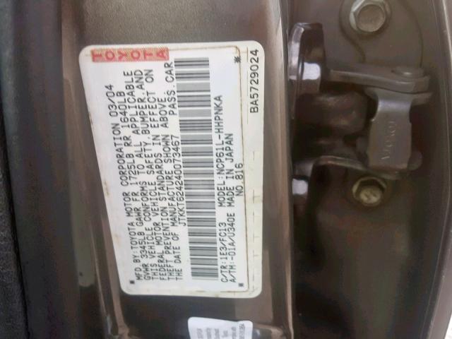 JTKKT624240073467 - 2004 TOYOTA SCION XA GRAY photo 10