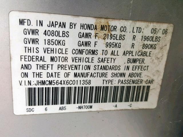 JHMCM564X6C011358 - 2006 HONDA ACCORD LX SILVER photo 10