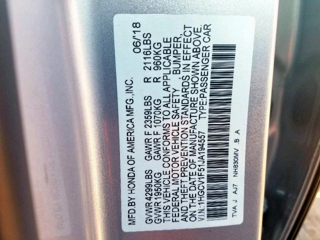 1HGCV1F51JA194557 - 2018 HONDA ACCORD EXL SILVER photo 10