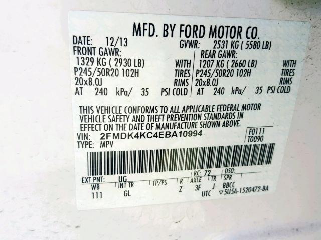 2FMDK4KC4EBA10994 - 2014 FORD EDGE LIMIT WHITE photo 10