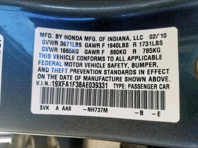 19XFA1F38AE039331 - 2010 HONDA CIVIC VP CHARCOAL photo 10