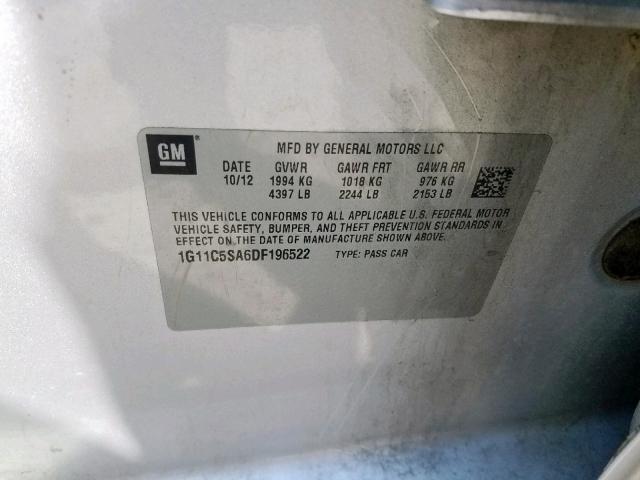 1G11C5SA6DF196522 - 2013 CHEVROLET MALIBU 1LT 银色 照片 10