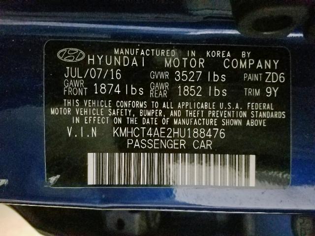 KMHCT4AE2HU188476 - 2017 HYUNDAI ACCENT SE BLUE photo 10