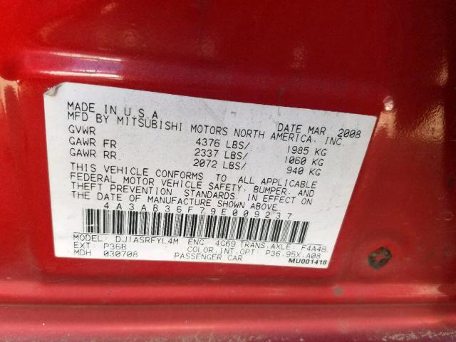 4A3AB36F79E009237 - 2009 MITSUBISHI GALANT ES RED photo 10