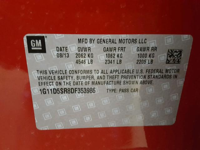 1G11D5SR8DF353986 - 2013 CHEVROLET MALIBU 1LT წითელი ფოტო 10