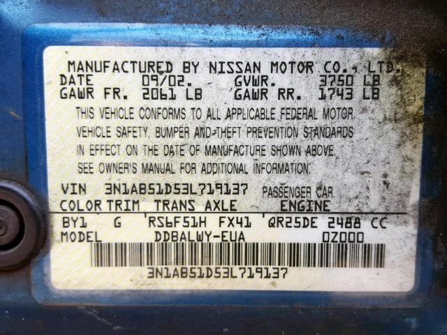 3N1AB51D53L719137 - 2003 NISSAN SENTRA SE- BLUE photo 10