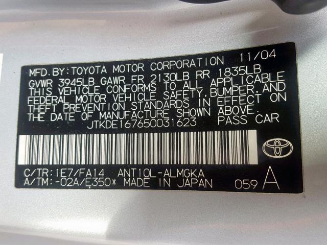 JTKDE167650031623 - 2005 TOYOTA SCION TC ვერცხლისფერი ფოტო 10