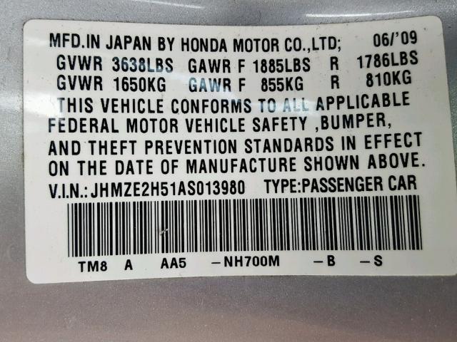 JHMZE2H51AS013980 - 2010 HONDA INSIGHT LX SILVER photo 10