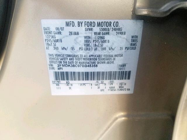 2FMDK38C97BB45358 - 2007 FORD EDGE SEL GOLD photo 10