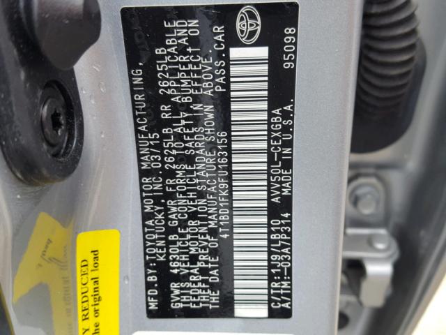 4T1BD1FK9FU163156 - 2015 TOYOTA CAMRY HYBR SILVER photo 10