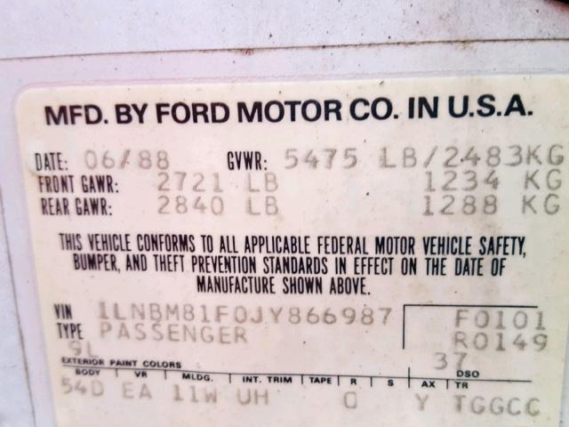 1LNBM81F0JY866987 - 1988 LINCOLN TOWN CAR WHITE photo 10