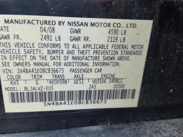 1N4BA41E08C836673 - 2008 NISSAN MAXIMA SE BLACK photo 10