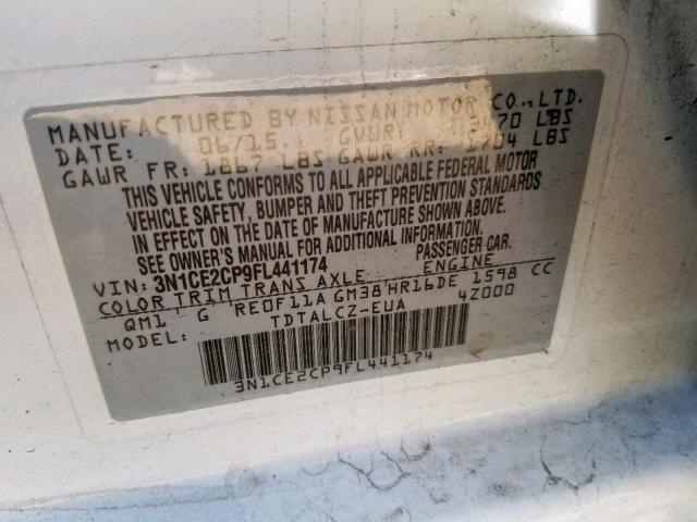 3N1CE2CP9FL441174 - 2015 NISSAN VERSA NOTE WHITE photo 10