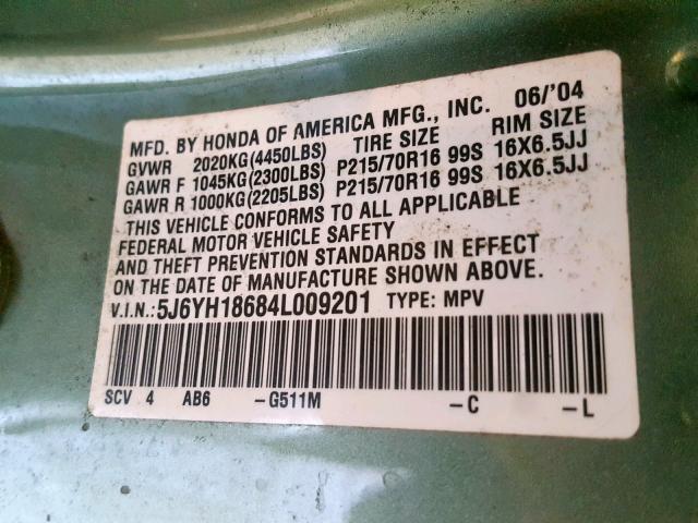 5J6YH18684L009201 - 2004 HONDA ELEMENT EX GREEN photo 10