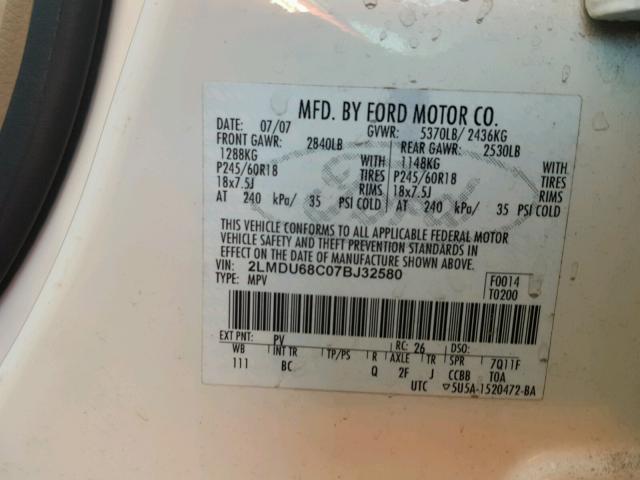 2LMDU68C07BJ32580 - 2007 LINCOLN MKX WHITE photo 10