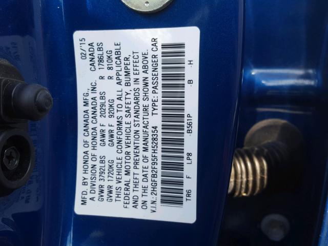 2HGFB2F95FH528354 - 2015 HONDA CIVIC EXL BLUE photo 10