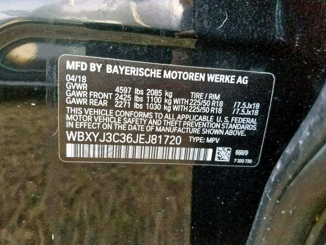 WBXYJ3C36JEJ81720 - 2018 BMW X2 SDRIVE2 BLACK photo 10