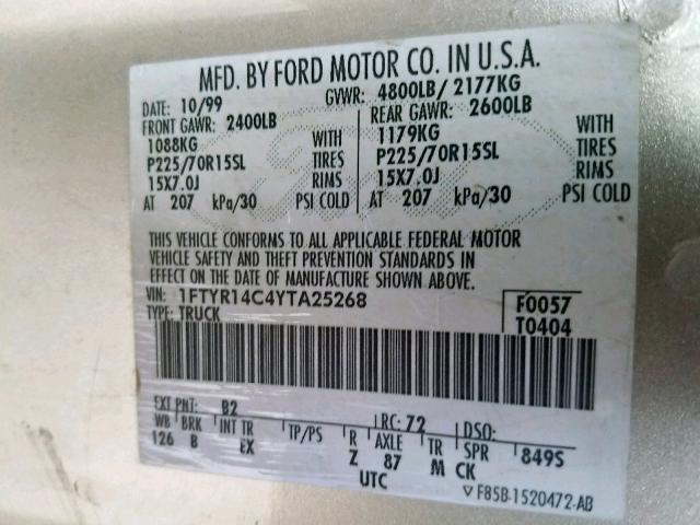 1FTYR14C4YTA25268 - 2000 FORD RANGER SUP GOLD photo 10