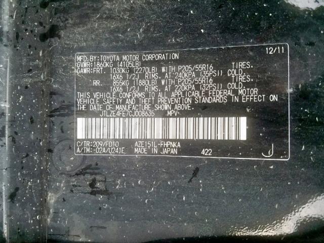 JTLZE4FE7CJ008635 - 2012 TOYOTA SCION XB 黑色 照片 10