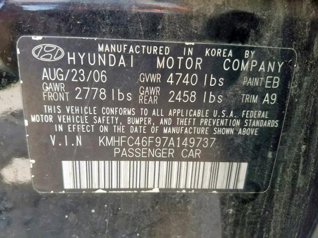 KMHFC46F97A149737 - 2007 HYUNDAI AZERA SE BLACK photo 10