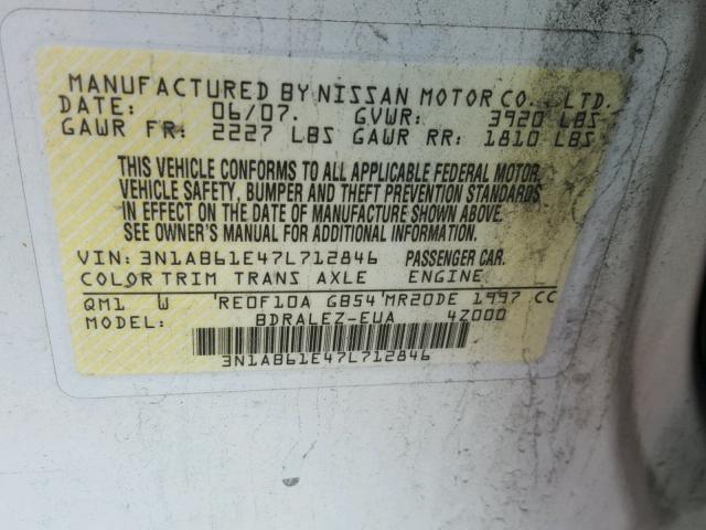 3N1AB61E47L712846 - 2007 NISSAN SENTRA 2.0 WHITE photo 10