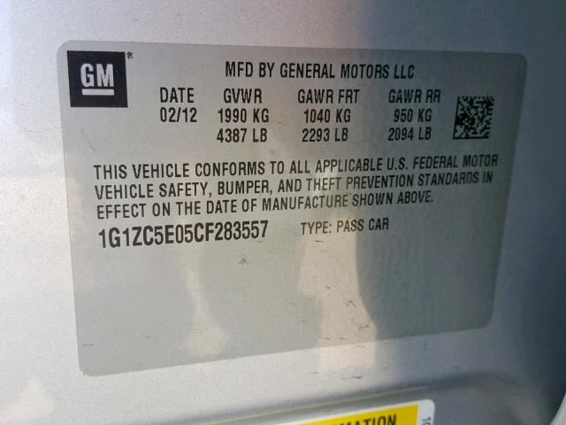 1G1ZC5E05CF283557 - 2012 CHEVROLET MALIBU 1LT 银色 照片 10