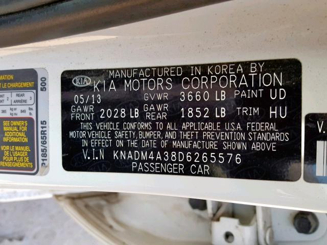 KNADM4A38D6265576 - 2013 KIA RIO LX WHITE photo 10