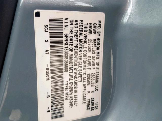 5FNRL18033B056688 - 2003 HONDA ODYSSEY EX BLUE photo 10