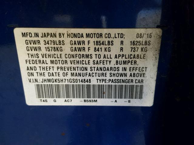 JHMGK5H71GS014848 - 2016 HONDA FIT EX BLUE photo 10