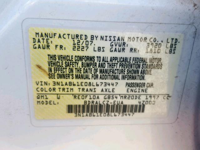 3N1AB61E08L673447 - 2008 NISSAN SENTRA 2.0 WHITE photo 10