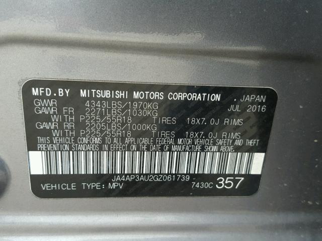 JA4AP3AU2GZ061739 - 2016 MITSUBISHI OUTLANDER GRAY photo 10