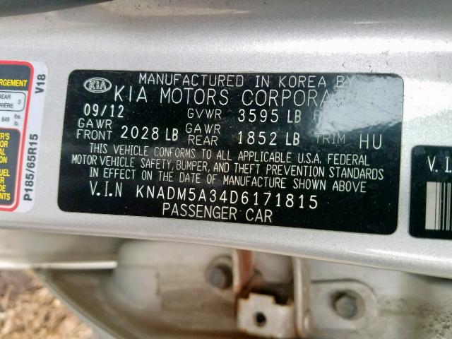 KNADM5A34D6171815 - 2013 KIA RIO LX SILVER photo 10