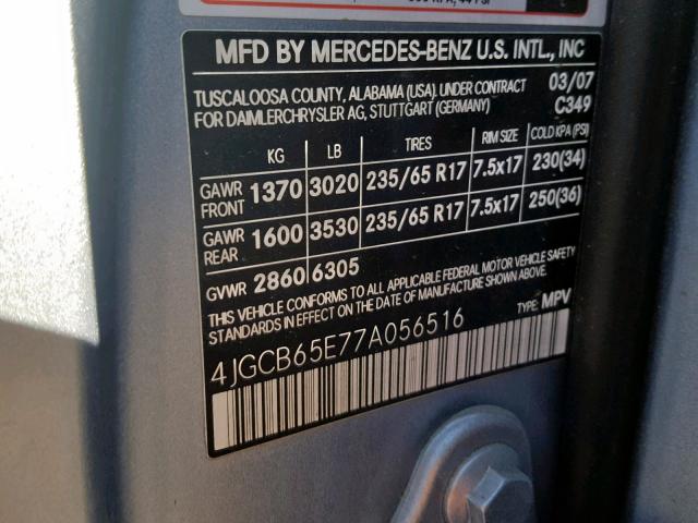 4JGCB65E77A056516 - 2007 MERCEDES-BENZ R350 BLUE photo 10