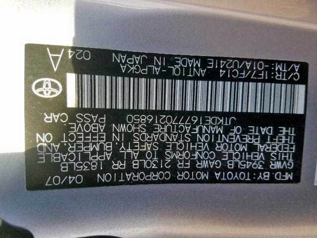 JTKDE167770216850 - 2007 TOYOTA SCION TC ვერცხლისფერი ფოტო 10