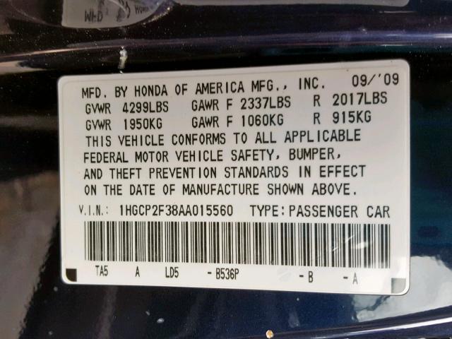 1HGCP2F38AA015560 - 2010 HONDA ACCORD LX BLUE photo 10