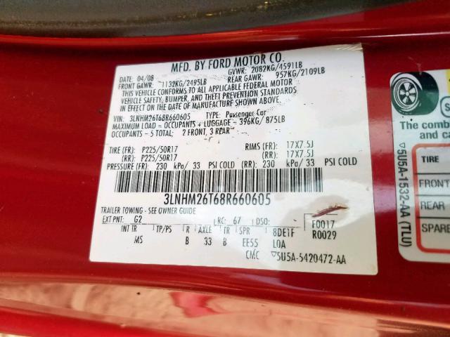 3LNHM26T68R660605 - 2008 LINCOLN MKZ RED photo 10