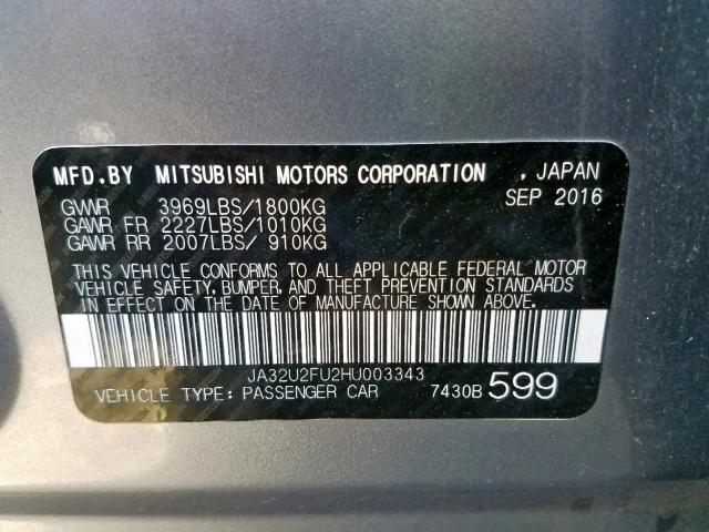 JA32U2FU2HU003343 - 2017 MITSUBISHI LANCER ES GRAY photo 10