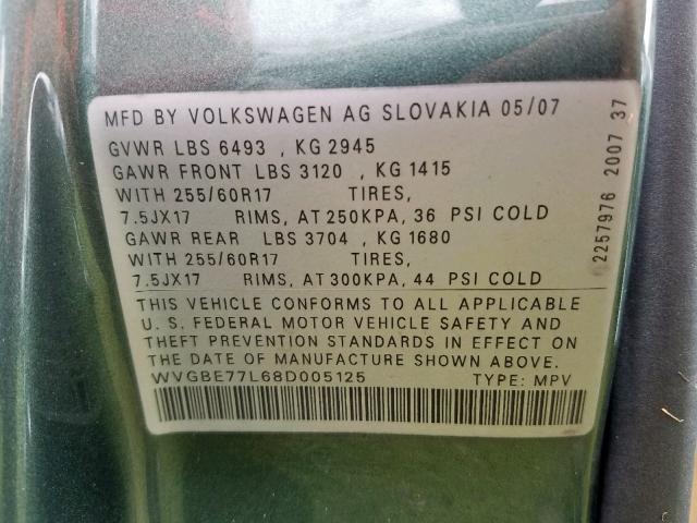 WVGBE77L68D005125 - 2008 VOLKSWAGEN TOUAREG 2 V6  photo 10