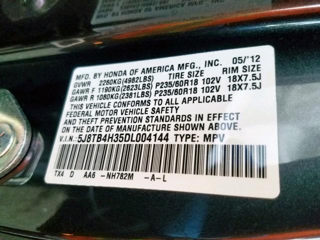 5J8TB4H35DL004144 - 2013 ACURA RDX GRAY photo 10