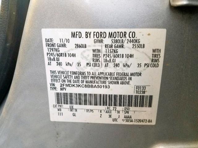 2FMDK3KC8BBA50193 - 2011 FORD EDGE LIMIT SILVER photo 10